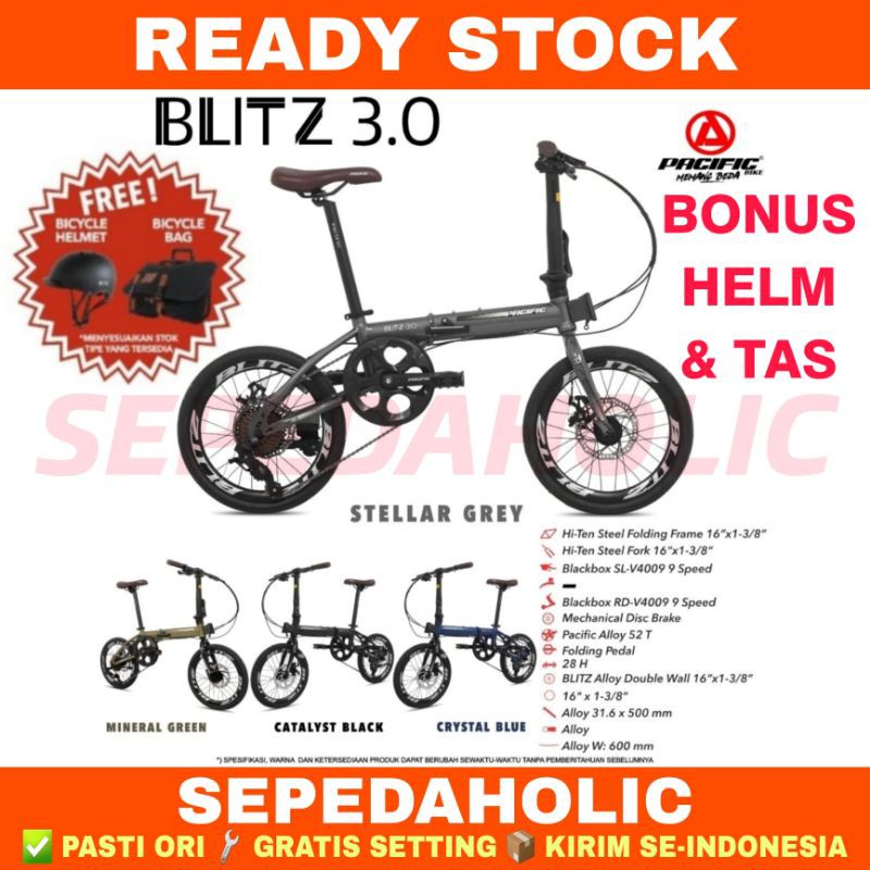 Sepeda Lipat 16" Inch PACIFIC BLITZ 3.0 Steel 9 Speed Rem Cakram Garansi Resmi 5 Tahun