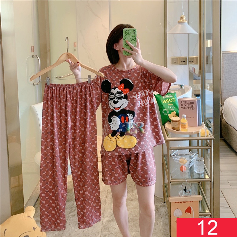 Baju Tidur Setelan Tiga Potong Celana Panjang + Pendek Piyama Wanita Dewasa 3 Potong pcs Kimono Lengan Pendek All Size Kimono Mickey Minnie Mouse