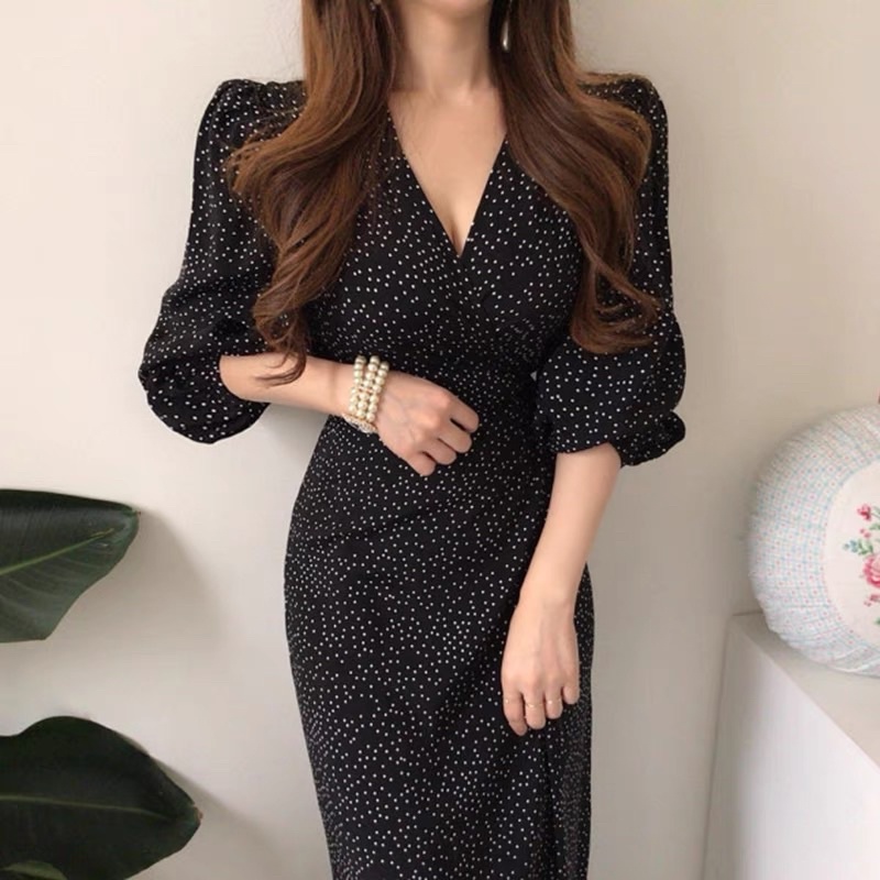 D24/259 maxi dress v neck lengan panjang puffy kimono polkadot / long dress elegant