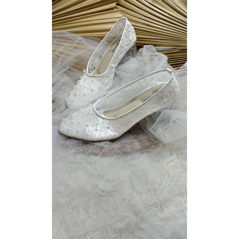 sepatu wanita wedding merista  mutiara tabur yg cantik tinggi 5cm hak tahu kaca