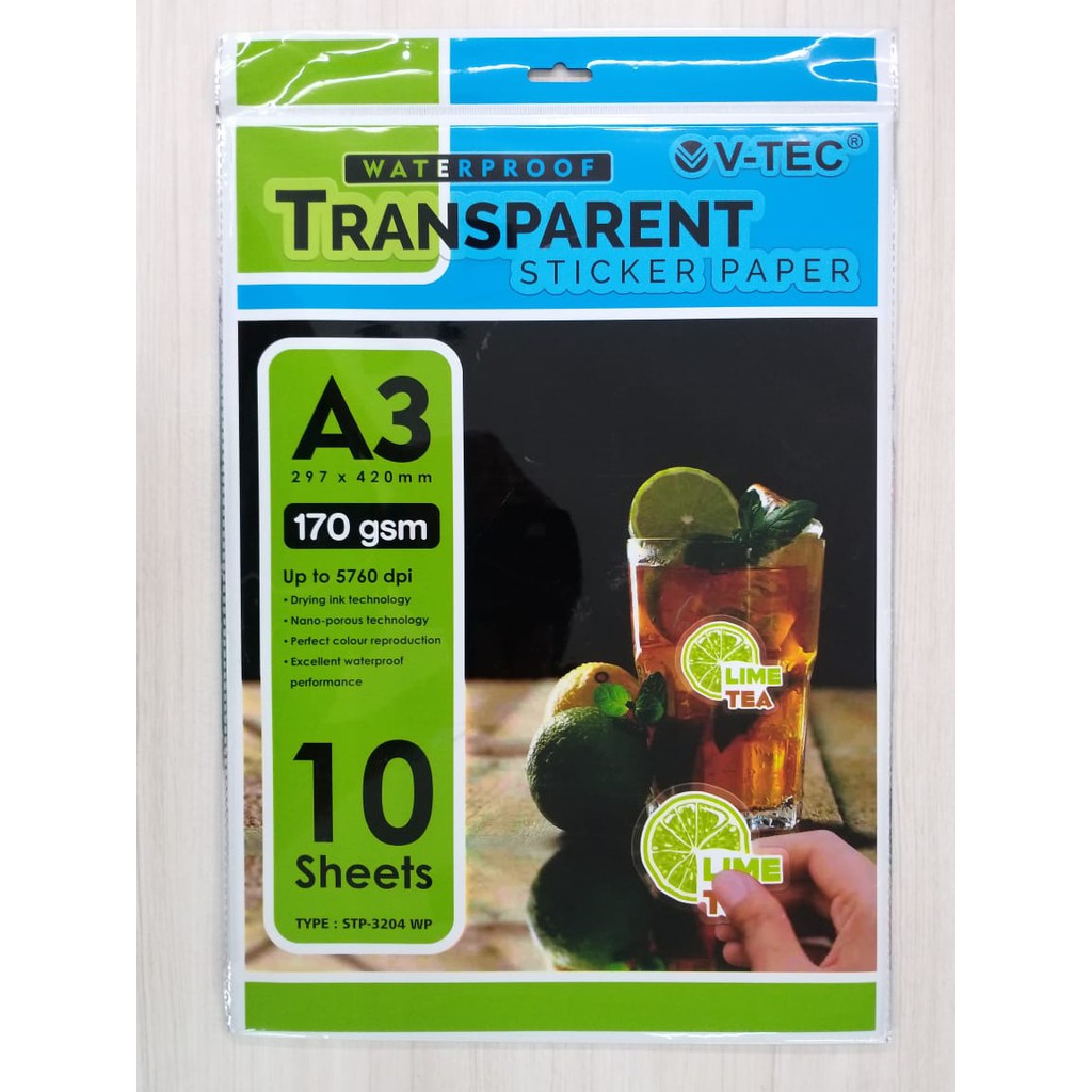 

STICKER PAPER TRANSPARENT WATERPROF V-TEC 170GSM A3/10SHEET STP-3204WP 76203204