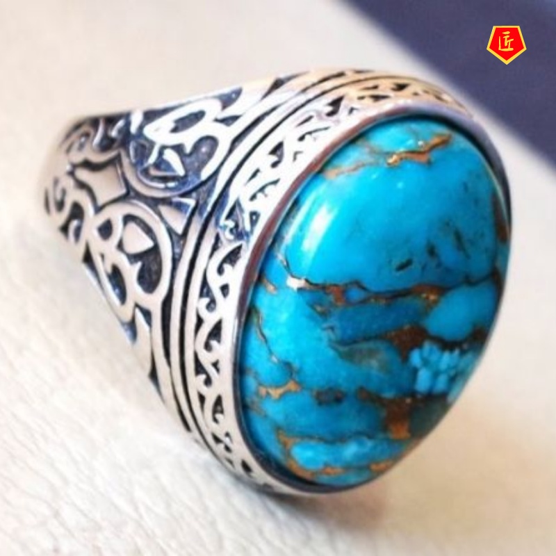 [Ready Stock]Inlaid Turquoise Retro Silver Ring Elegant Graceful