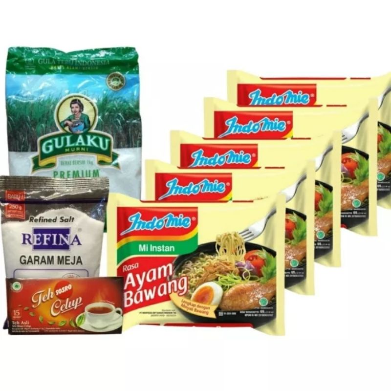 

Paket Murah Indomie Ayam Bawang Isi 5 + Teh Sosro + Gulaku 1Kg + Garam