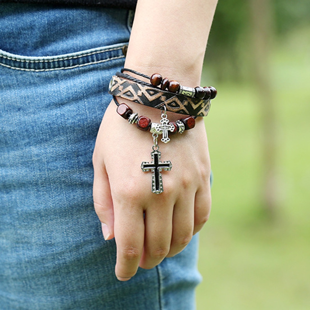 Hu Hu Hu Hu Hu Alat Bantu Pasang Kacamata♡ Gelang Tangan Kulit Imitasi Banyak Lapis Aksen Manikmanikliontin Salib Vintage Untuk Wanita