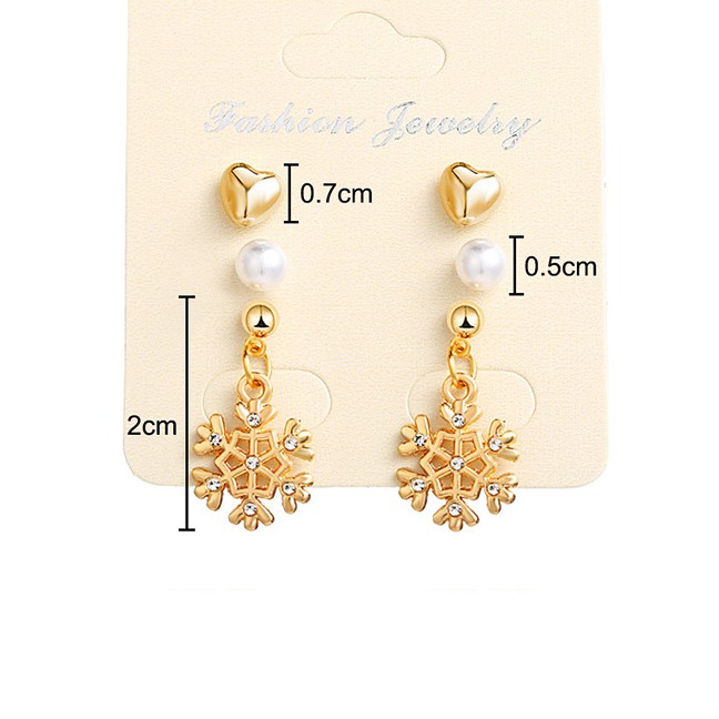 LRC Anting Tusuk Fashion Gold Diamond Snowflake Love Pearl Stud Earrings 3 Pairs D16225