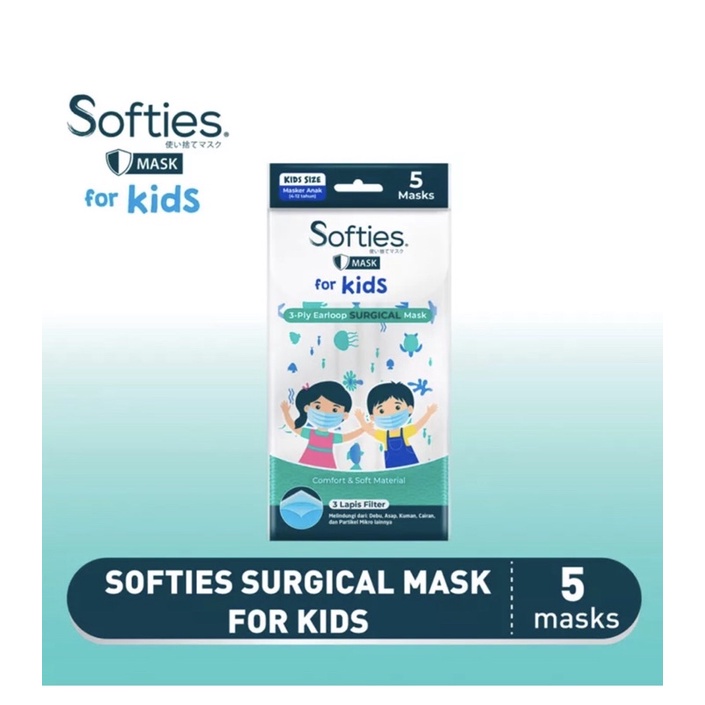 Softies Masker isi 5 Medis Masker Daily Earloop 3 Ply Masker anak Kemasan Sachet