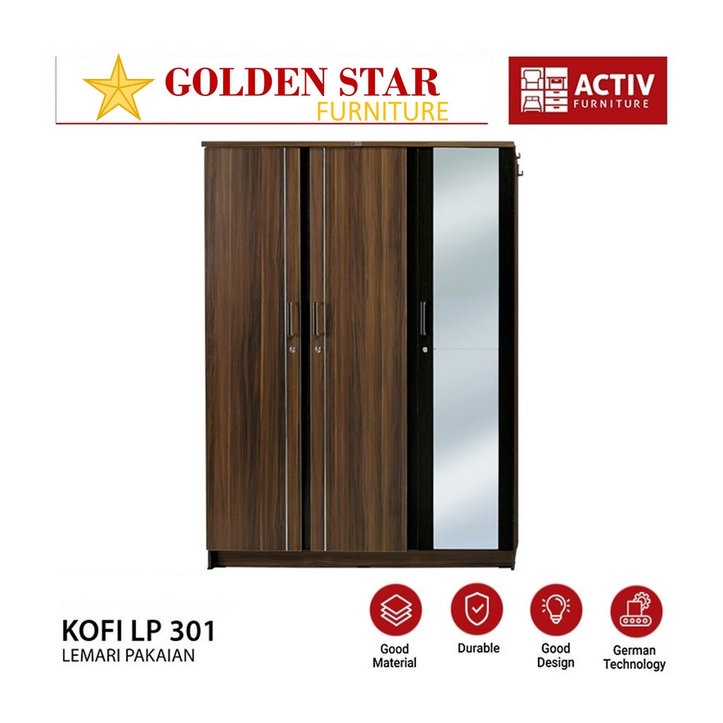 Lemari Pakaian Baju Activ 3 Pintu Kaca Cermin KOFI LP301 Minimalis