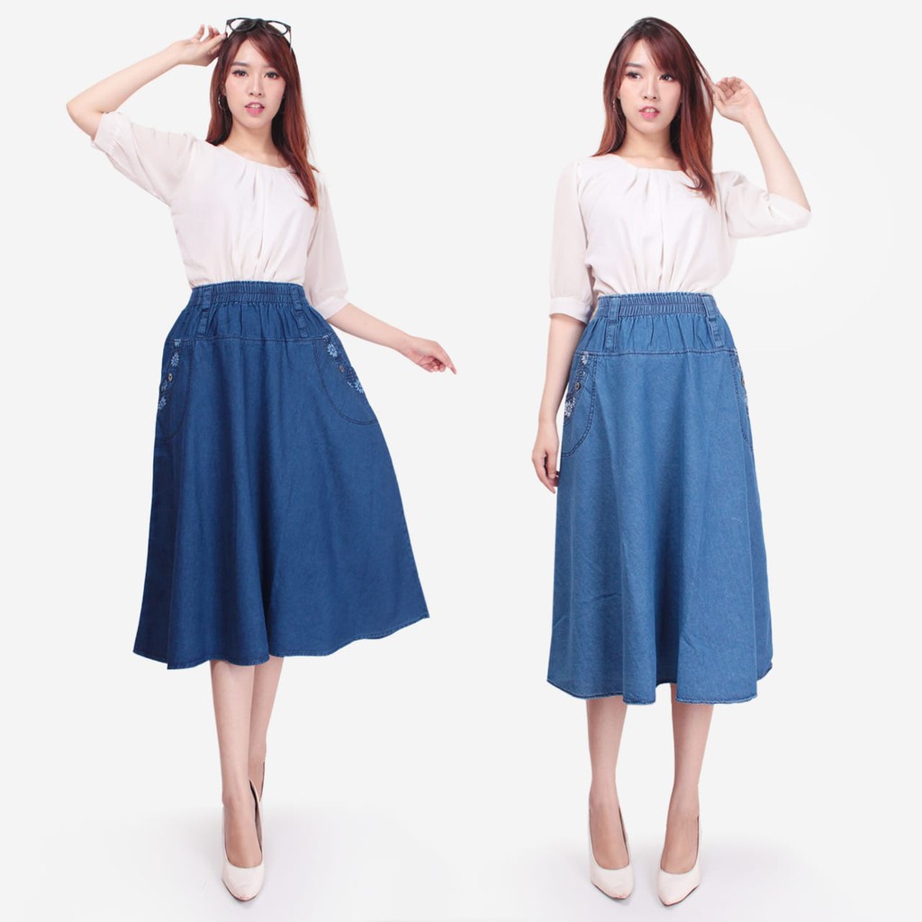 SB Collection Rok Midi Neysia Jeans Jumbo Payung Casual 7/8 Wanita