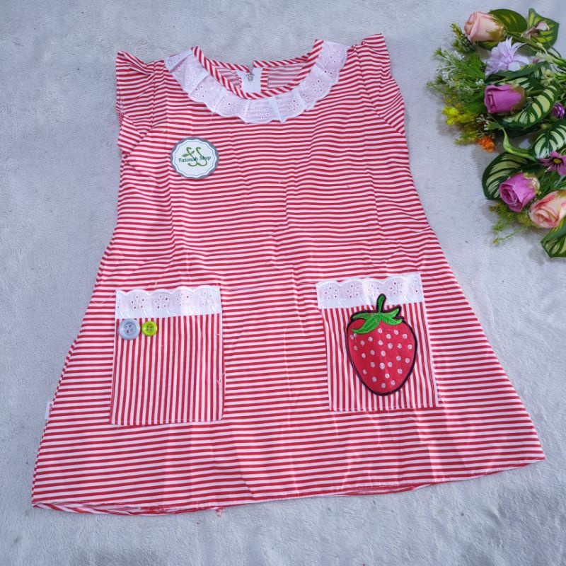 Dress anak 2 3 Tahun Strawbery strip murah perempuan anak wanita saku dua lucu dress perempuan anak murah berrystrip  (Dress beryStrip)