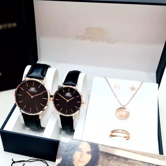 TERLARIS!! Jam Tangan Couple/Single Kulit/Rantai Pasir Paket Aksesoris Box Exclusive dan Paperbag D1456W Analog Tali Kulit