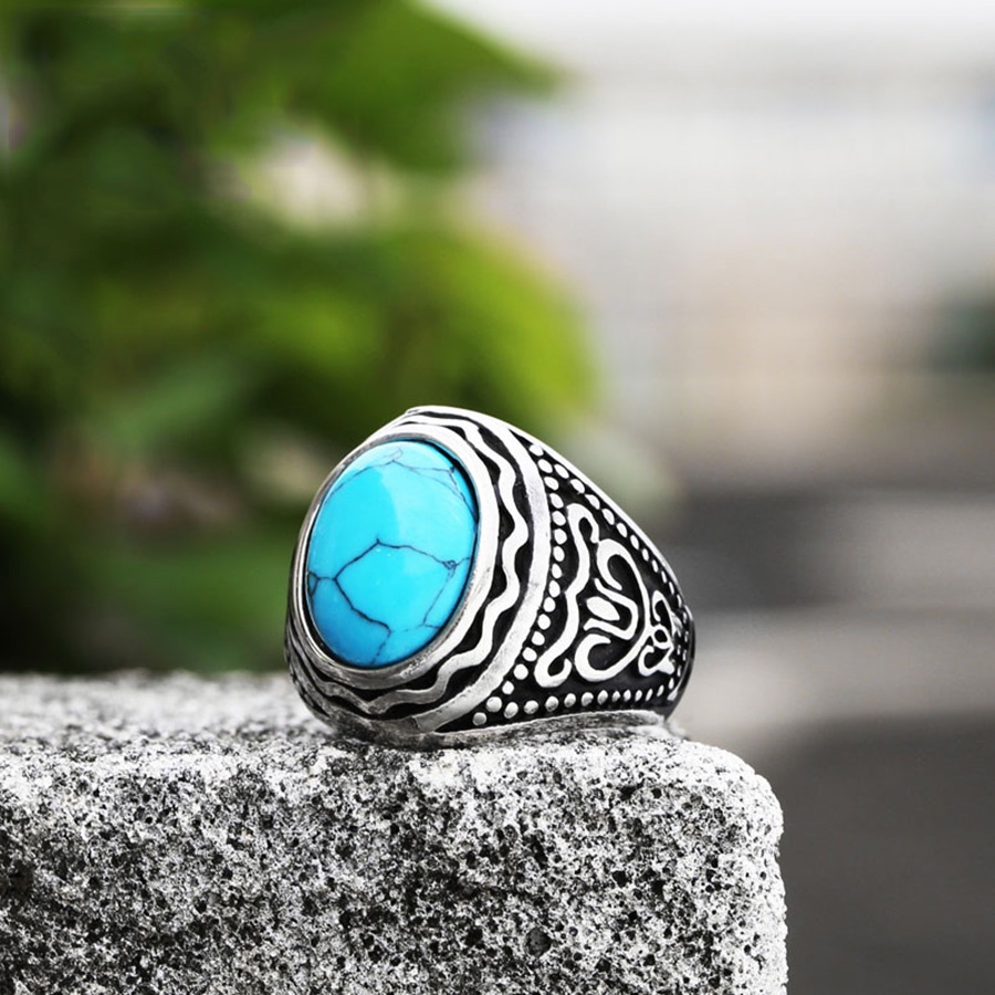 Cincin Bahan Titanium Steel Warna Silver Hias Batu Mata Macan Turquoise Gaya Vintagepunk Untuk Pria