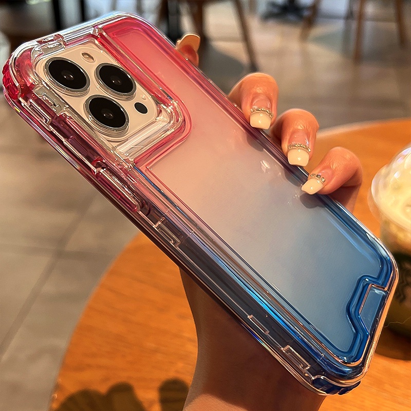 3 IN 1 Case Pelindung Belakang Tahan Banting Warna Gradasi Untuk iPhone 14 13 12 11 Pro MAX XS MAX XR 7 + 8 Plus