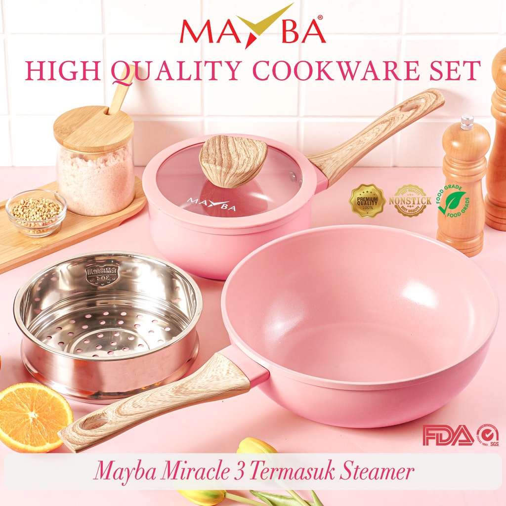 MAYBA MIRACLE 3 pieces keramik mutiara Wajan Wok 24cm and panci susu milkpan 16cm- Panci Keramik Set Maybe Ceramics