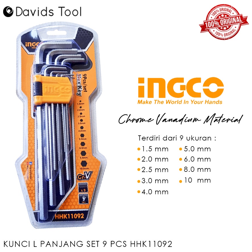 Kunci L Panjang Set Crv Hexagonal 9 Pcs Ingco HK11092