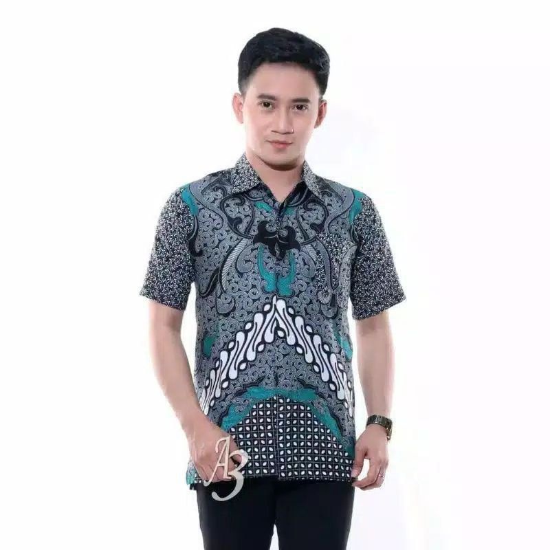 BAJU BATIK PRIA ABADI BATIK KEMEJA BATIK PRIA LENGAN PENDEK-Dimensi Abu