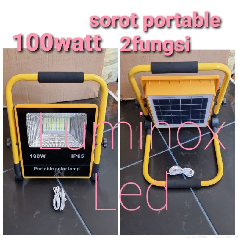 lampu tembak led portable solar panel 100w 100 watt / sorot led solar panel 100watt 100 w strobo