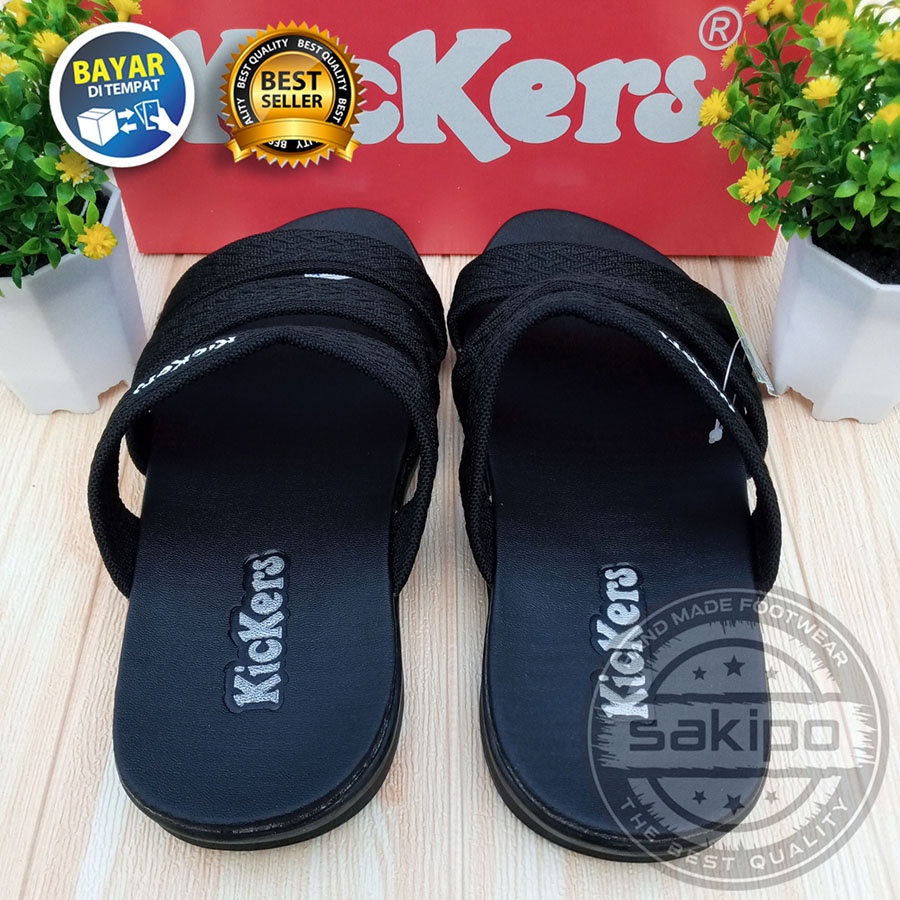 PROMO 3.3 FASHION SALE !! SANDAL PRIA DEWASA KICKERS SLOP BISBAN LURUS HITAM / SAKIPO