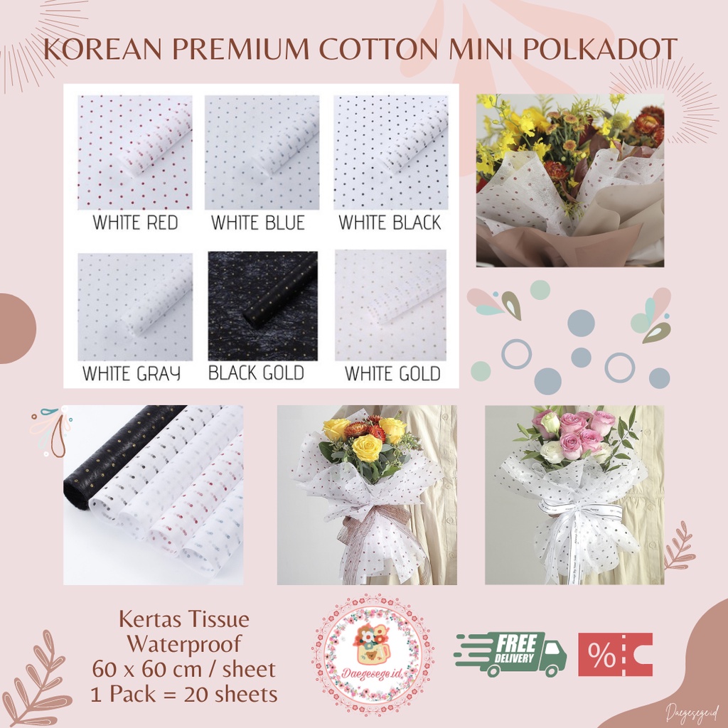 [1 LEMBAR] FLOWER WRAPPING KOREAN PREMIUM COTTON MINI POLKADOT ECER | KERTAS TISSUE SERAT KERTAS BUK