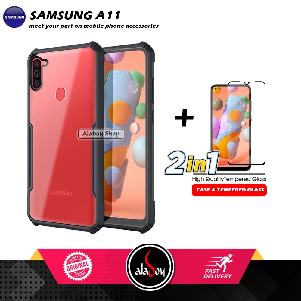 PAKET 2 IN 1 Case Samsung A11 Armor Fusion Transparent Prmium Casing Free Tempered Glass