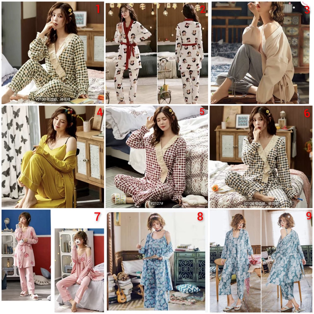 Baju tidur piyama model kimono celana panjang bahan kaos katun import