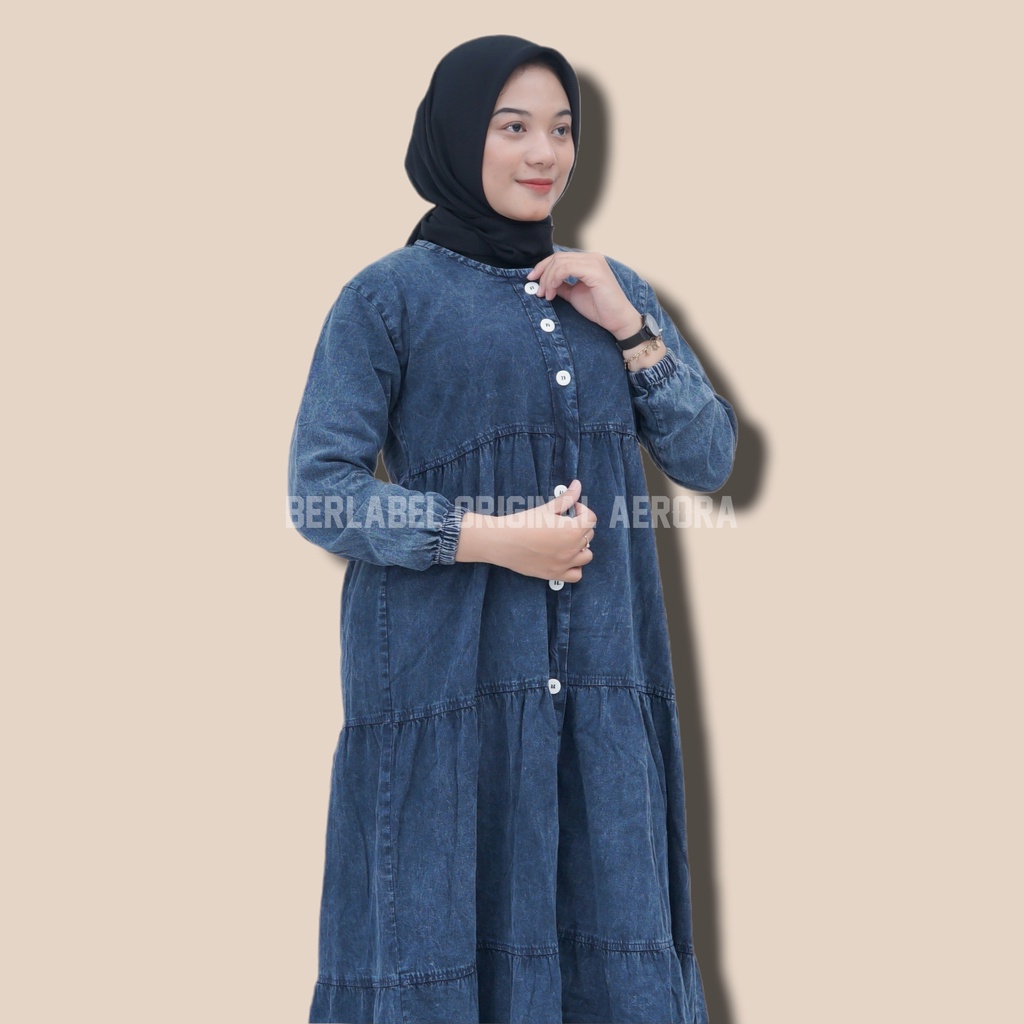 Sunny Midi Dress Dres Jeans Korea Muslim Korean Style Wanita Terbaru 2022 Busui Susun Premium Import Kekinian M L XL