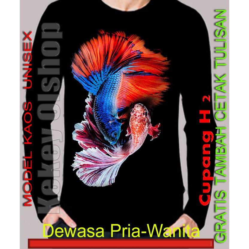 Kaos Warna Hitam Lengan Panjang Gambar Ikan Cupang / baju gambar ikan cupang ukuran dewasa