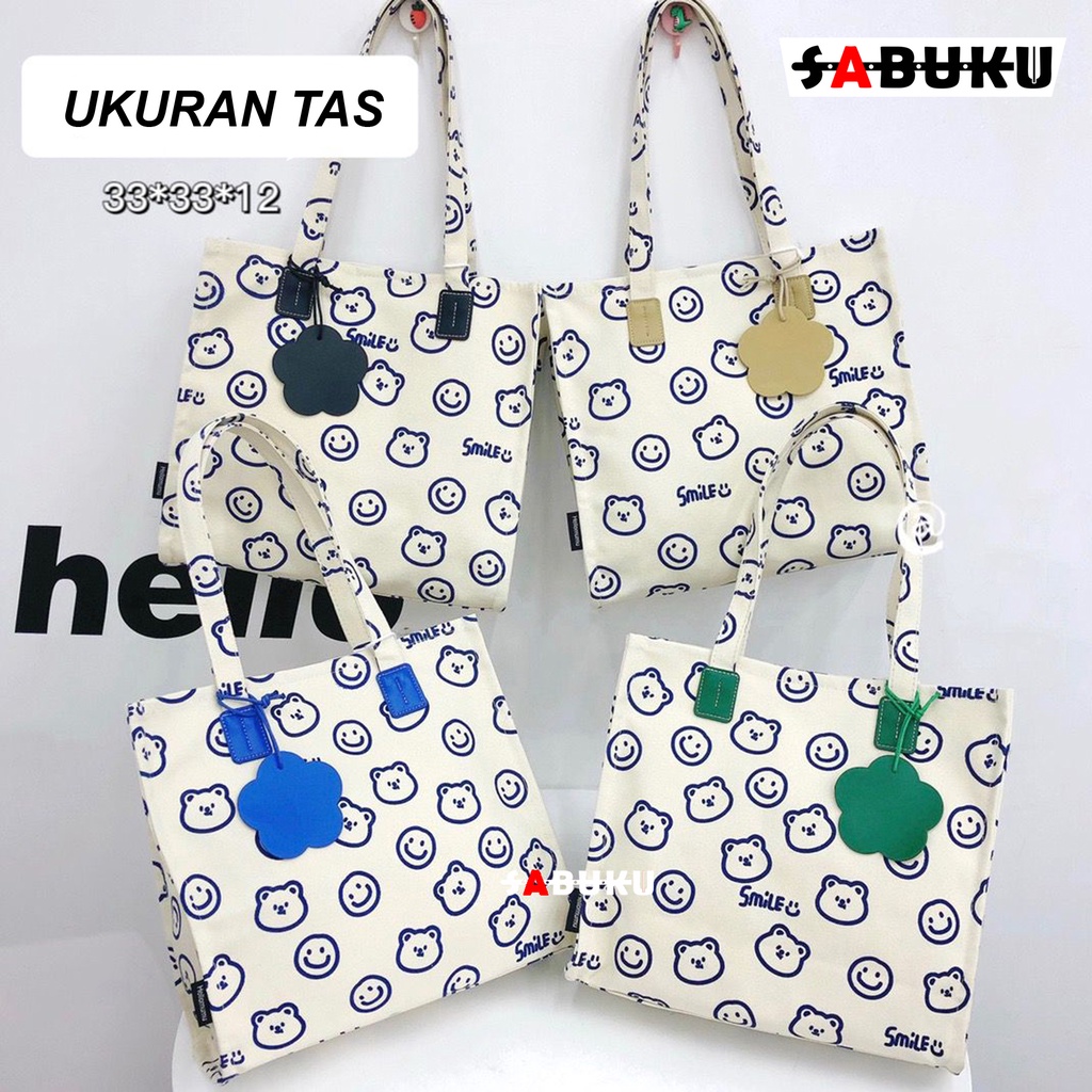 Tas Selempang Fashion Wanita Korea Totebag SMILE Bahan Kanvas Resleting Motif Carakter Korea Style Multifungsi -253