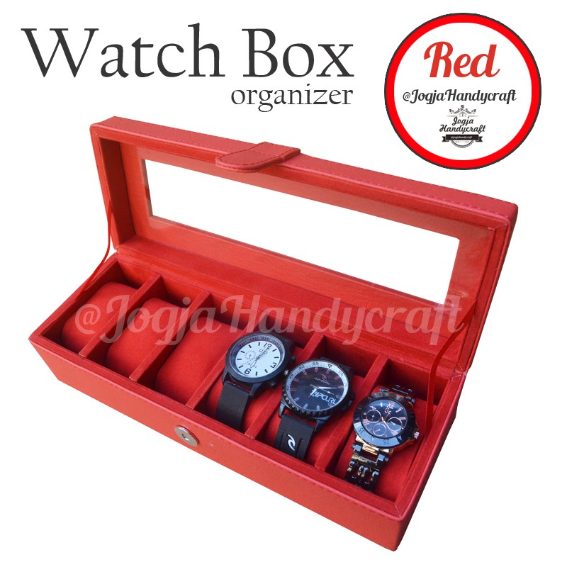 Full Red Watch Box Organizer For 6 Pcs Watches