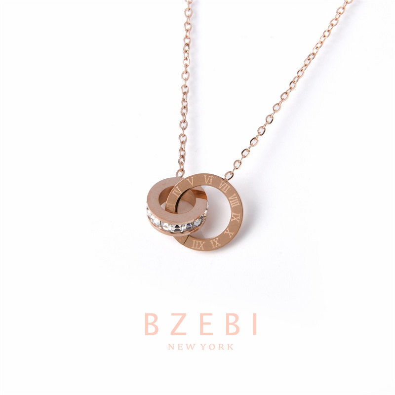 Bzebi Kalung Rantai Titanium Steel Rose Gold 18k Liontin Angka Romawi 961n Hias Berlian Untuk Wanita