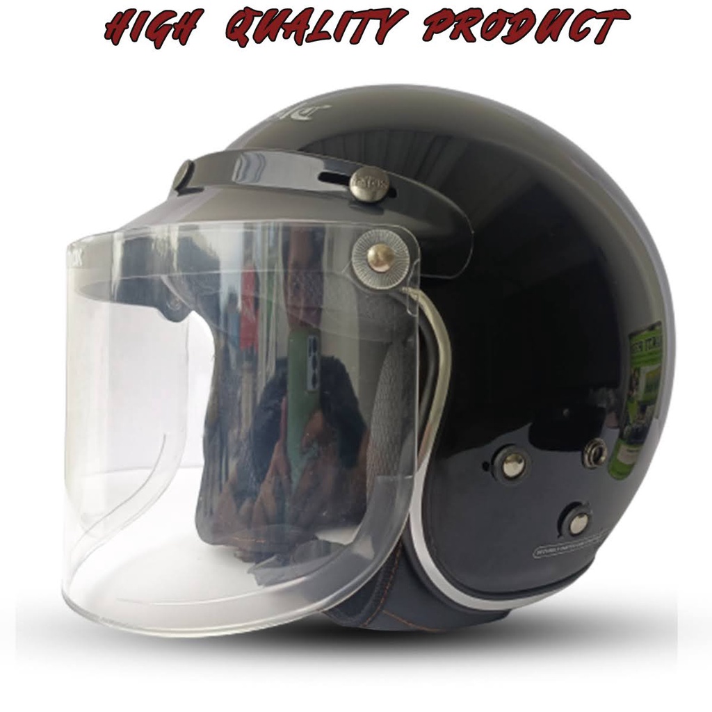 Helm Bogo Dewasa Retro Classic Half Face SNI Full Leher Lis Chrome /Helm Pria /Helm Wanita/Helm Kaca Datar HIGH QUALITY PRODUCT - CFM RETRO DEEP BLACK