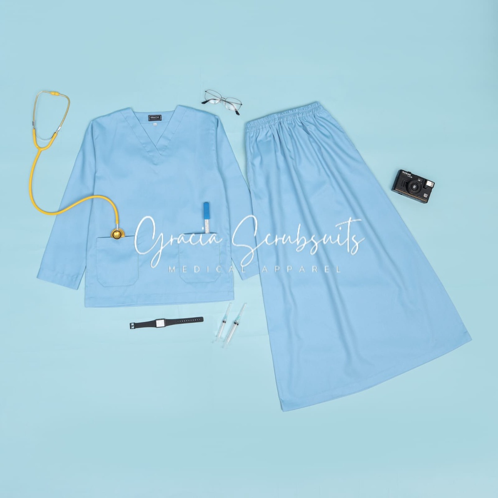 READY STOCK! GRACIA SCRUBSUITS - baju dokter/jaga/jaga malam/scrub MURAH 1 STEL MODEL ROK