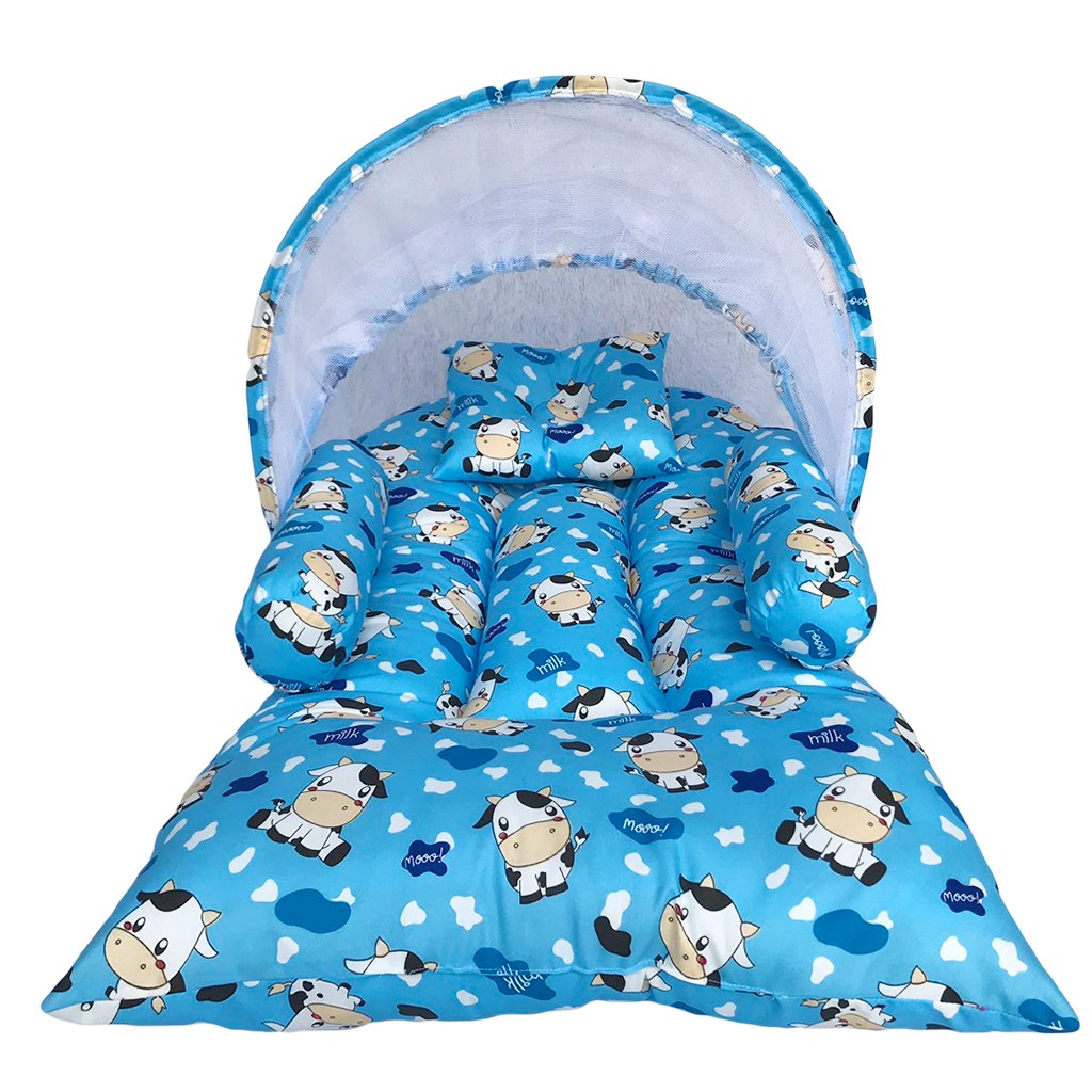 Tempat Tidur Bayi Motif Sunny Farm Biru | Kasur Bayi Lipat Kelambu | Perlengkapan Bayi Baru Lahir 70