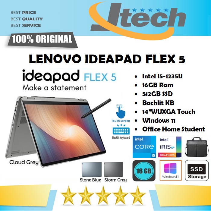 LENOVO IDEAPAD FLEX 5i - i5-1235U - 16GB - 512GB SSD - BACKLIT KB - 14&quot;WUXGA IPS TOUCH - WIN11 - OFFICE HOME STUDENT