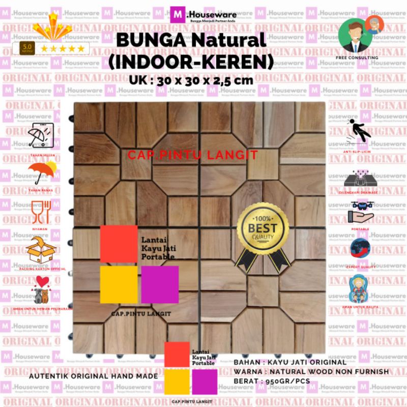 Lantai Kayu Jati Bongkar Pasang Motif Bunga UK 30x30cm / decking tile portable