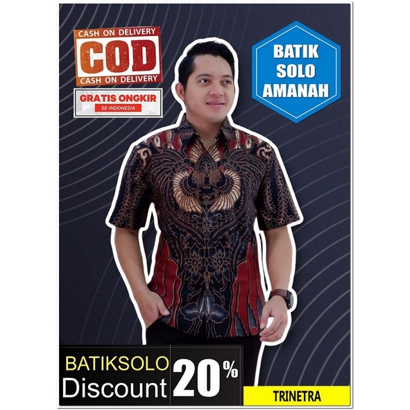 BATIKSOLOAMANAH PROMO BAJU PREMIUM TRINETRA BATIK INDONESIA KEMEJA BATIK PRIA SOLO LENGAN PENDEK LAP