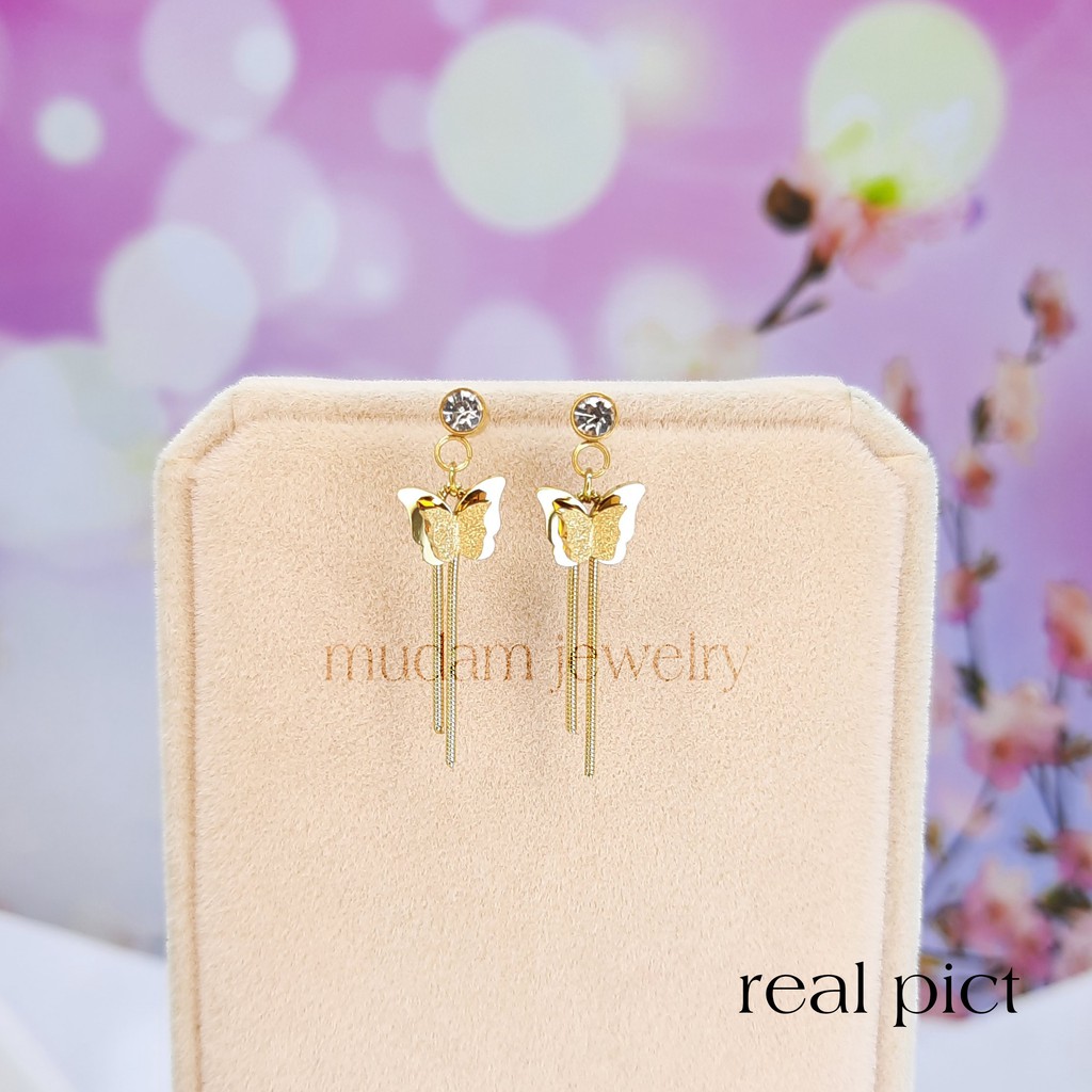 Anting Tusuk Titanium Kupu - Kupu Kecil Jurai Dengan Diamond Artifisial Warna Rose Gold, Gold dan Silver