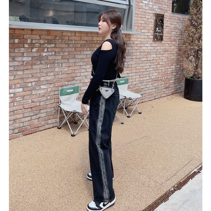 celana higwaist list hitam import