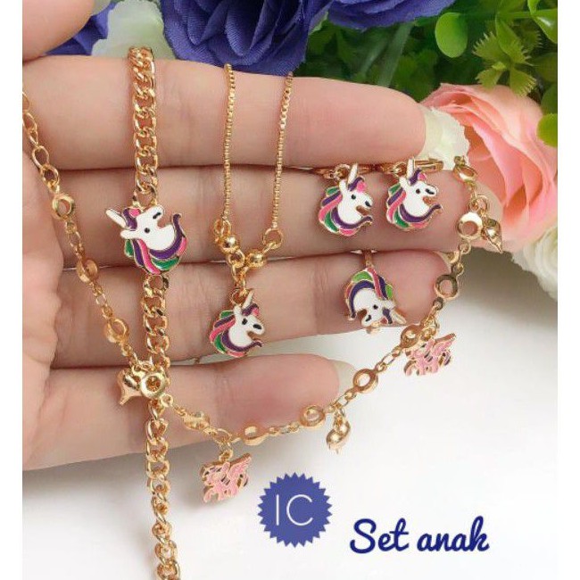 (MAR) Set Perhiasan ANAK Lapis Emas Xuping Gelang Tangan Kaki Kalung Cincin Anting Kuda Poni Laris