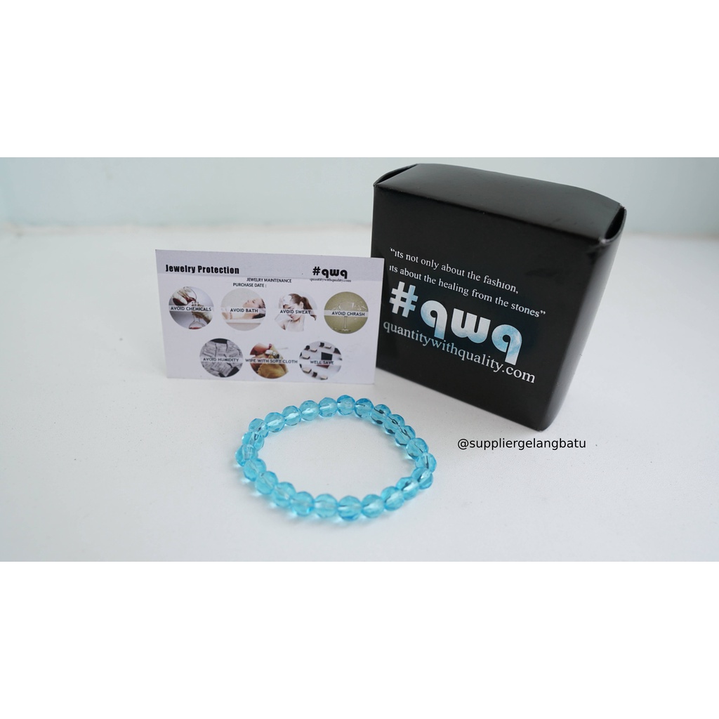 gelang kristal bola dunia blue quartz kuarsa biru muda kotak kado lux