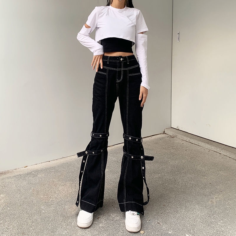 BIIKPIIK Gaya Eropa dan Amerika Street High Waist Lurus Garis Terbuka Pita Celana Jeans Wanita Longg