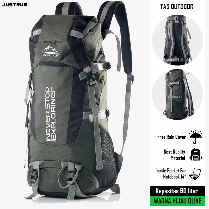 Justrue Tas Gunung Carrier 60 Liter Ransel Keril 60L Olive 123