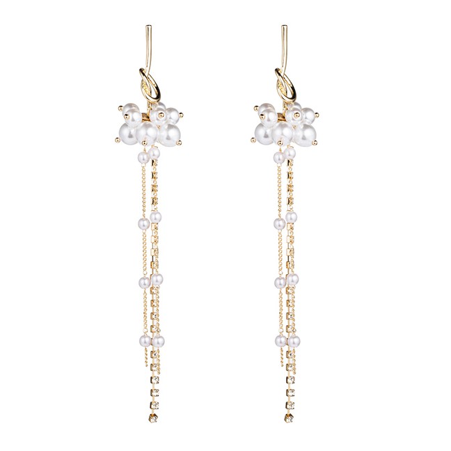 LRC Anting Tusuk Fashion Golden Pearl Tassel Earrings D59920