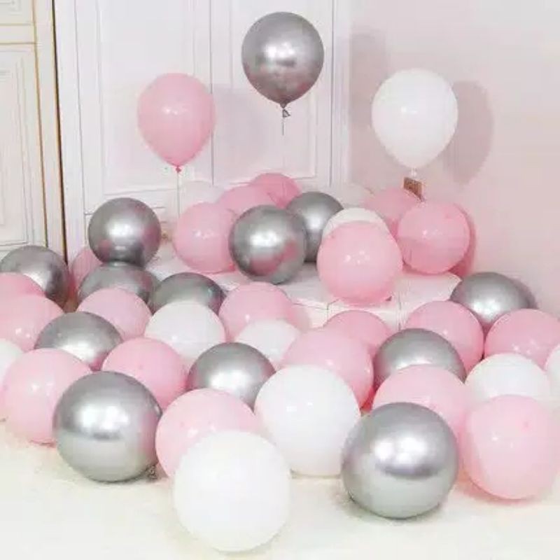 [Paket Latex] Balon Chrome Doff Silver, Putih, Pink isi 30pcs