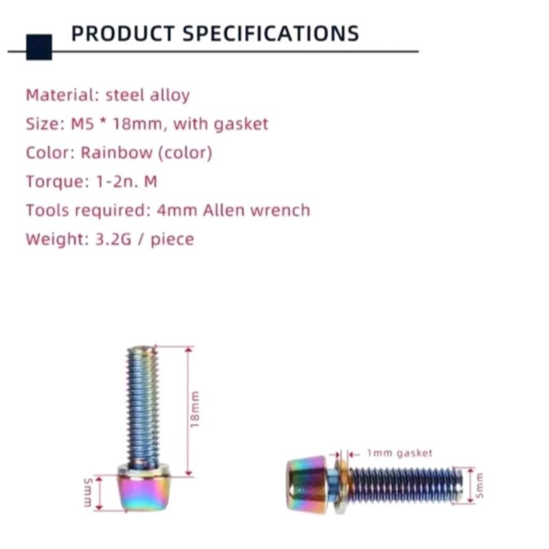 Baut M5 Stem 1 pcs rainbow pelangi size M 5 x 18mm model kunci L untuk baut FD tempat bottle cage sepeda mtb roadbike road bike lipat seli folding bike