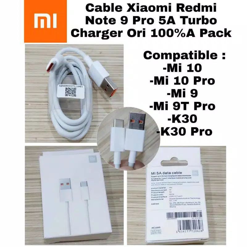 Kabel Data Xiaomi Redmi Note 9 Pro 5A Turbo 100% USB Tipe C