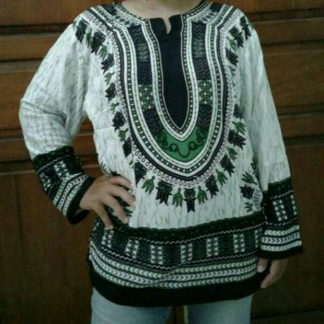 Baju Etnik Motif Dashiki Putih Lengan Panjang