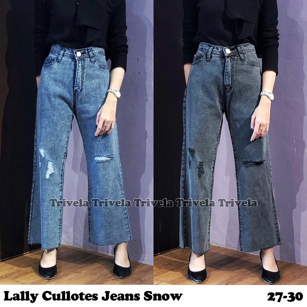 (FREEBELT) - Lally Cullote Jeans Snow / Celana Jeans Kulot Unfinished Wanita