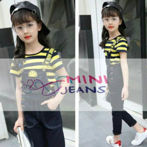 Baju Setelan Anak Perempuan Import Kaos Garis Hitam Kuning Celana Overall Jeans