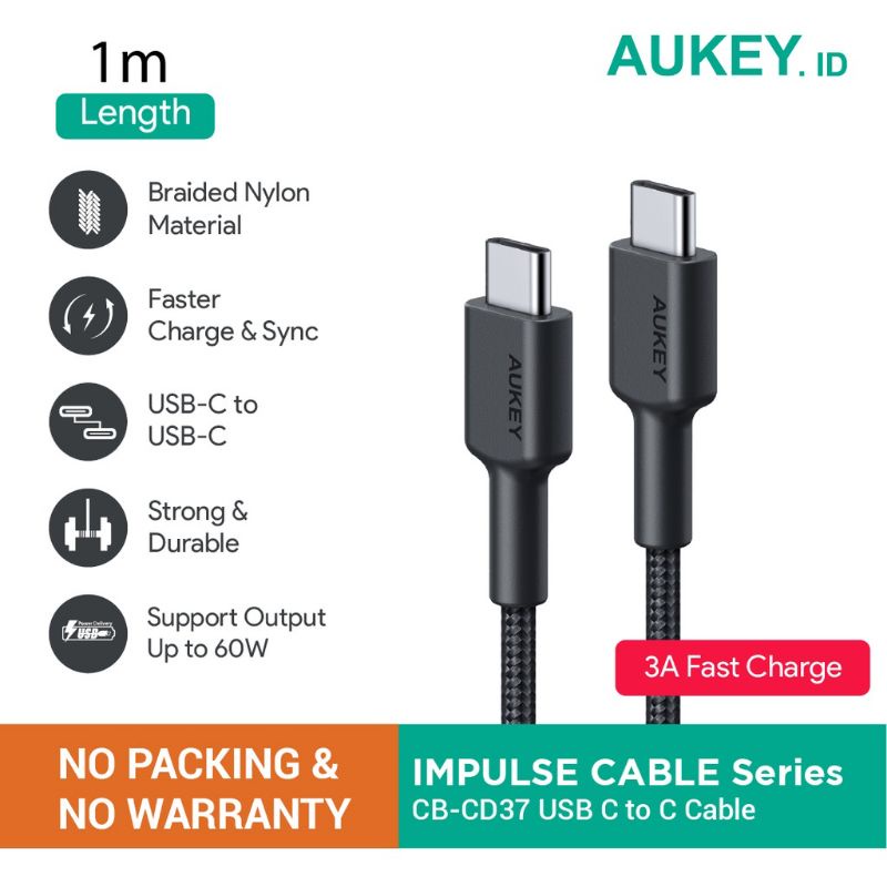 AUKEY CB-CD37 USB C to C 3A 0.3M, 1M, 2M, 3M (NO PACKING &amp; NO WARRANTY)