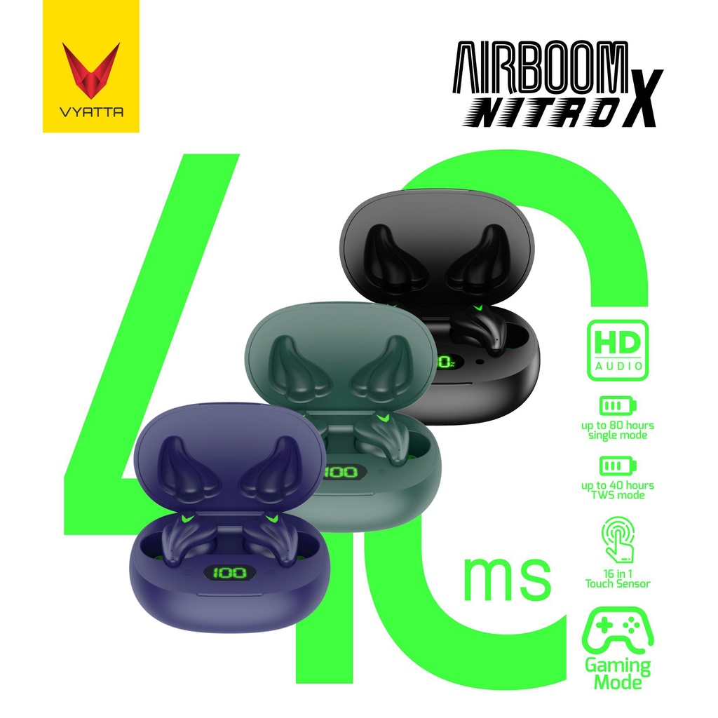 VYATTA Airboom Nitro X TWS Bluetooth Headset / Earphone Gaming Mode 40ms,16in1 Touch Sensor